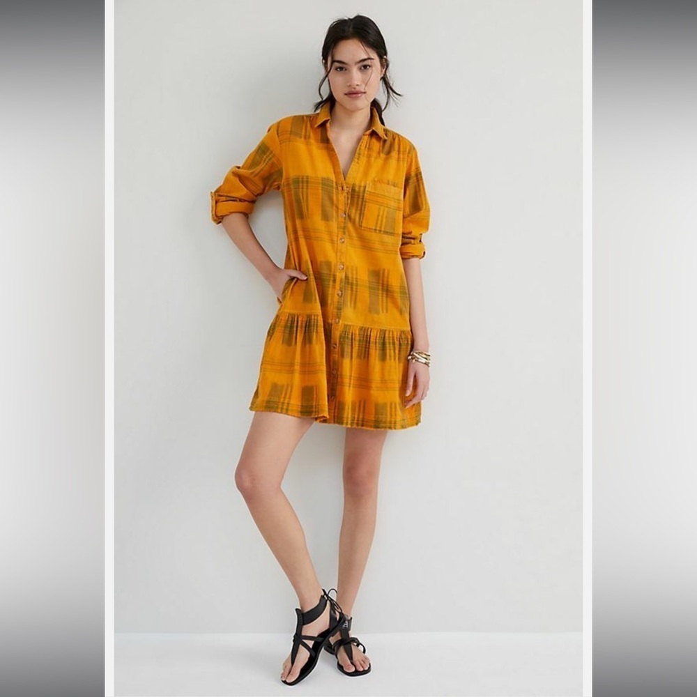 Anthropologie Plaid Shirt Dress Small summer Casual Button Front Boho